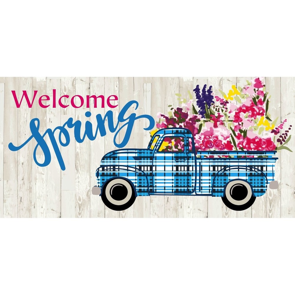 Evergreen Sassafras Switch Mat Welcome Spring Flowers and Plaid Truck NEW